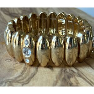 Gold Tone Stretch Slip-On Bangle Cuff Bracelet Clear Round Crystal Vintage